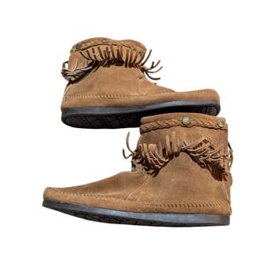 Minnetonka Hi Top Back Zip Hard Bottom Ankle Boot Brown Tan 9.5